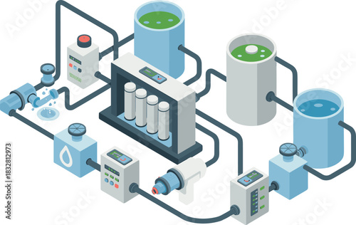 Isometric illustration of modern water treatment system with filtration units, purification tanks, pipeline connections, clean water technology, industrial environmental engineering design
