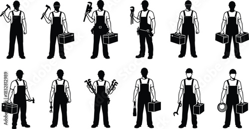 Silhouette construction and repair workers holding tools, handyman icons with toolbox and equipment, professional labor workforce illustration for industry design