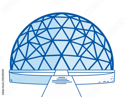Vector illustration of a geodesic dome structure with a pathway leading to the entrance in a minimalist blue and white design ideal for architectural concepts and futuristic themes