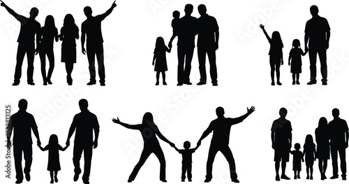 Silhouette collection of families walking together, holding hands, posing happily, showing unity, parental love, childhood moments, and strong family relationships in black illustration
