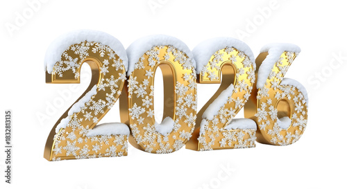 Golden new year number with snowflakes on transparent background