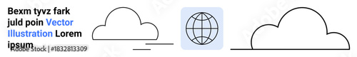 Cloud computing, global communication, internet, technology services, data storage, networking. Abstract cloud icons with a globe symbol. Cloud computing and global communication concept