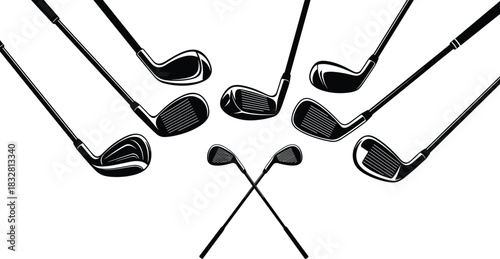 Stylized black golf club illustration featuring crossed irons, sports equipment design, golfing tools arrangement, athletic concept artwork for premium stock use