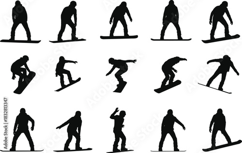 Snowboarder silhouette action poses collection showing various freestyle tricks, dynamic winter sports movements, extreme snowboarding illustrations for digital design resources