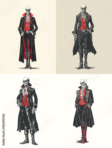 Stylish skeleton gentleman in Victorian inspired clothing with long coat and ornate vest. Dark fantasy character illustration with gothic elegance and refined dramatic detail.