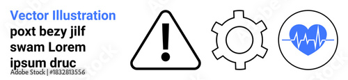 Exclamation mark in a triangle, gear shape, and heart with pulse line. Ideal for safety, engineering, healthcare, diagnostics, emergency services, user interface design simple landing page