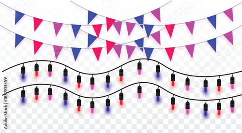 Colorful Bunting Flags and Party String Lights on Transparent Background
