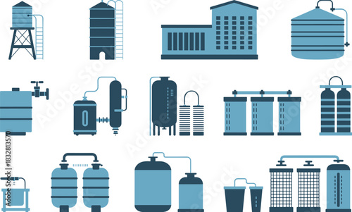 Set of industrial water treatment equipment icons with filtration tanks, chemical reactors, purification units, plant machinery, modern environmental engineering vector design