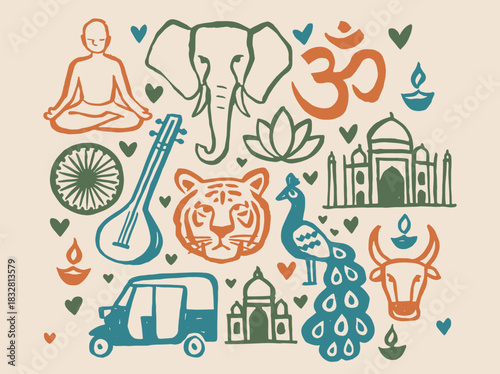 India culture symbols doodle vector illustration