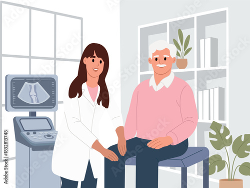 Doctor consultation an elderly woman about knee pain. Vector flat illustration