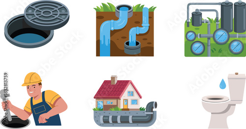 Set of plumbing and sewage system illustrations with pipes manhole plumber house drainage toilet leak and water infrastructure maintenance concept