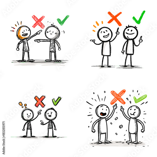 Hand drawn right and wrong concept illustration showing comparison of good and bad behaviour communication teamwork ethics guidance and positive attitude learning.