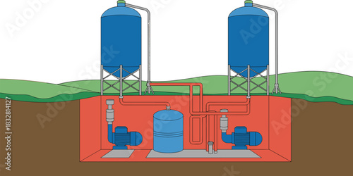 Technical illustration of underground water pump system with pipelines, storage tanks, pumping equipment, pressure vessels, rural groundwater supply infrastructure design