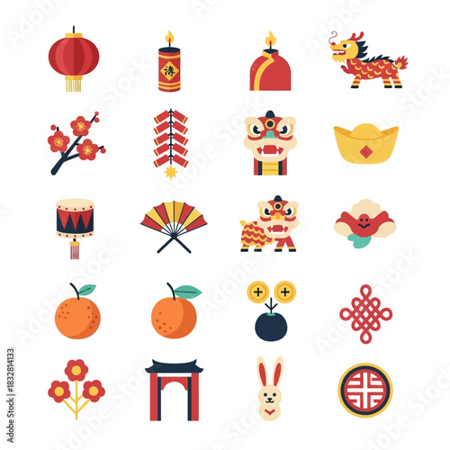 Flat Vector Icon Set: Chinese Lunar New Year and Spring Festival Symbols. Includes Dragon, Lion Dance, Firecrackers, Red Lanterns, Mandarins, and Rabbit Zodiac.