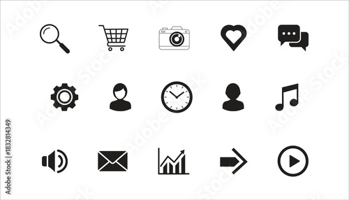 Set of essential black outline user interface icons