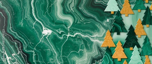Green Marble Christmas Background with Golden and Emerald Tree Elements