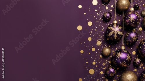 Purple Christmas Ornaments with Golden Snowflakes on Festive Background
