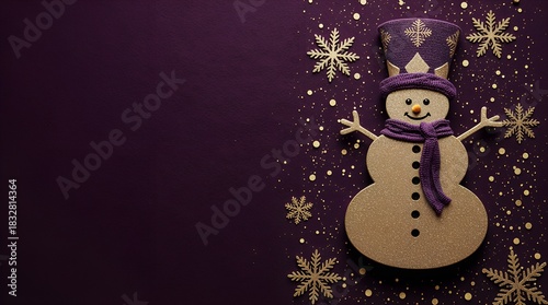 Golden Glitter Snowman on Purple Christmas Background