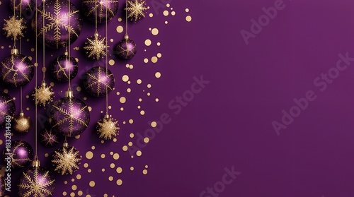 Purple Christmas Ornaments with Golden Snowflakes on Festive Background