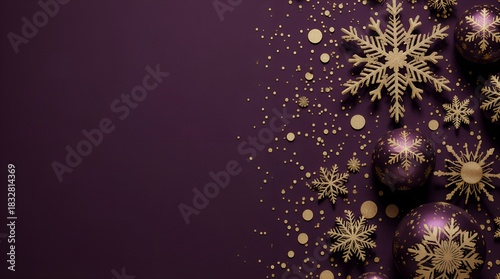 Purple Christmas Ornaments with Golden Snowflakes on Festive Background