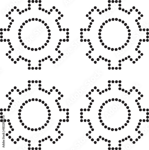 Isolated dot style gear icon, dot map style gear vector, minimal black gear dot graphic, equal size dot style symbol, settings machine tool mechanical engineering illustration project design