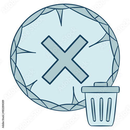 Glacial delete cancel icon with shattered ice and trash can graphic