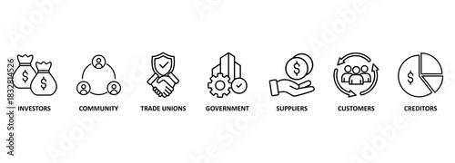 Vector Illustration concept Relationship of Stakeholders, Related of Investors, government and creditors 