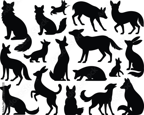 Black vector silhouette set of domestic and wild animals including cats, dogs, deer, and horses, suitable for icons or illustration design