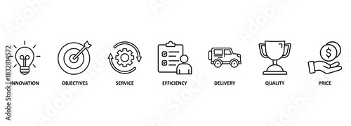 Banner product. Banner with icons and keywords 