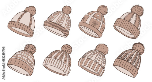 Collection of cozy winter hats with pom poms.