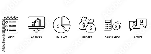 Banner financial accounting stock market graphs analysis with vector icons 