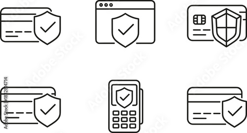 Comprehensive collection of secure payment, credit card protection, and data privacy icons illustrating digital transaction safety, internet security, and financial assurance in an outline style.