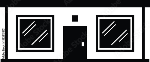 Minimal Black and White Storefront Building Vector Illustration with Shop Window Reflection, Ideal for Retail and Business Graphics.