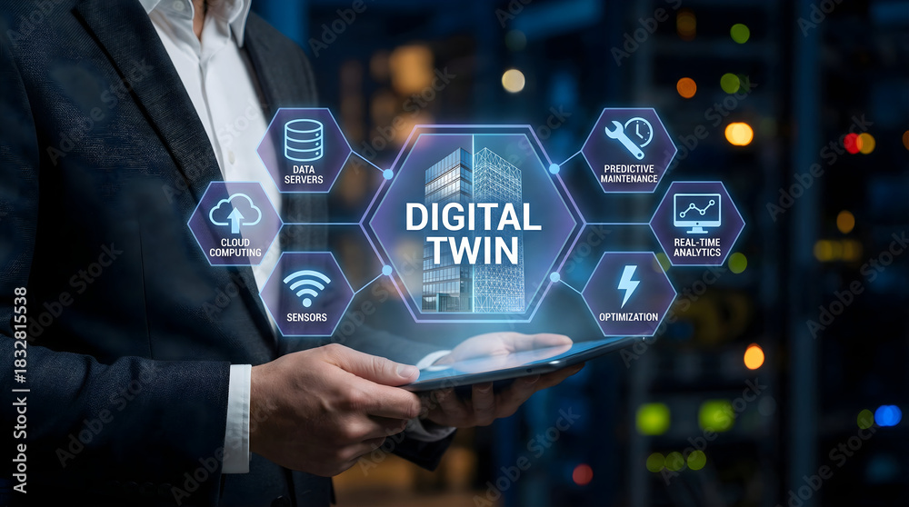 Obraz premium Embrace digital transformation with a cutting-edge digital twin solution that optimizes performance, maintenance, and real-time analytics for modern data-driven enterprises today