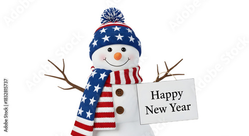 Snowman with american flag hat and scarf holding happy new year sign on transparent background
