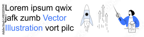 Innovation, business planning, success, education, technology, and progress. Illustration of a rocket launching and a person presenting data. Innovation and business planning concept