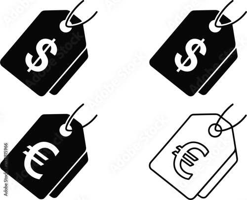 Currency price tag icon set, dollar and euro symbols, retail and commerce vector, black and white design