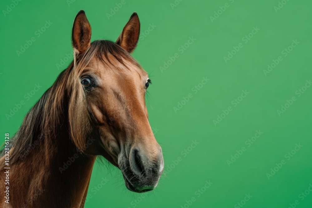 Obraz premium Cute Horse isolated on green color background. Funny pony snout looks on studio chroma key backdrop. Farm animals. Farming or agriculture. Domestic animals. with amusing face. Surprised expression.