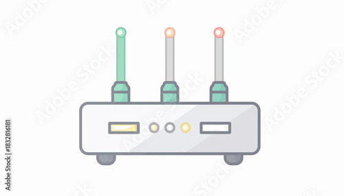 A flat line icon illustration of a wireless router with three antennas, symbolizing internet connectivity, network access, and modern communication technology