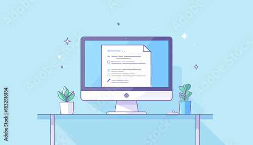 Clean and organized digital document displayed on a computer monitor with potted plants on a desk, symbolizing productivity and efficiency