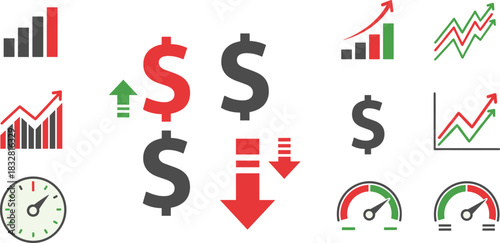 Financial performance and analytics icon set, dollar signs with charts and arrows, business metrics vector, economic trend graphics