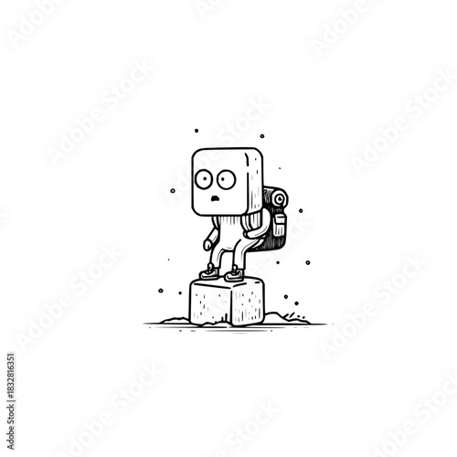 Square head traveler with backpack cartoon character vector illustration travel and adventure design 100 char