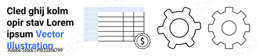 Financial management, data organization, business operations, technology, productivity, workflow. Table with dollar symbol, two gear icons. Financial management and data organization concepts
