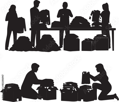 People volunteering sorting and packing donations for charity on international volunteer day