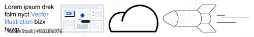 Technology, innovation, cloud storage, data transfer, software development, business growth. a rocket, a cloud and a software interface. Technology and cloud storage