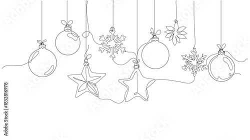 Continuous single line drawing of hanging Christmas ornaments baubles, stars, and snowflakes elegant flowing lines, festive minimalist. Vector illustration