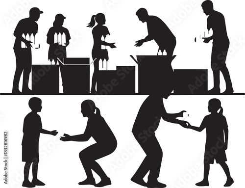 International volunteer day silhouette people distributing aid boxes and giving gifts for charity