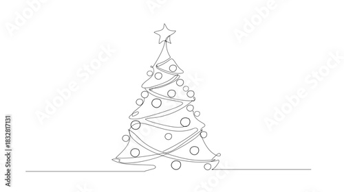 Continuous single line drawing of a Christmas tree decorated with ornaments elegant flowing lines, festive minimalist. Vector illustration