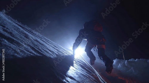 A man climbing up a mountain at night
