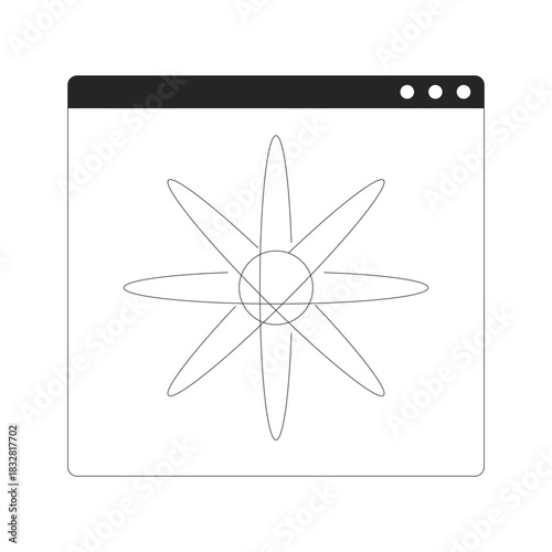Atomic structure in digital window 2D line object. Science. Atom model with orbiting paths and nucleus inside web interface isolated clipart vector ink outline item. Monochrome spot illustration